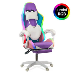 SCAUN GAMING DE BIROU PENTRU FETE CU LUMINI RGB SI SUPORT PICIOARE OFF 298 - EScaune