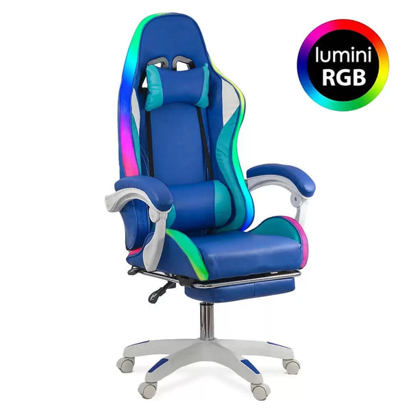 SCAUN GAMING DE BIROU PENTRU BAIETI CU LUMINI RGB SI SUPORT PICIOARE OFF 298 - EScaune