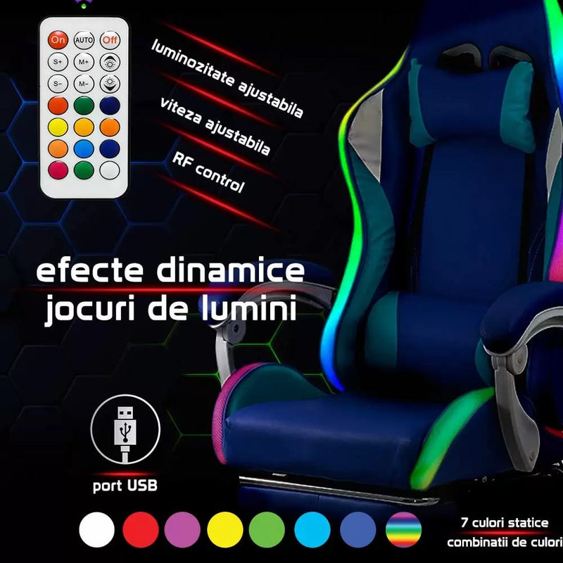 SCAUN GAMING DE BIROU PENTRU BAIETI CU LUMINI RGB SI SUPORT PICIOARE OFF 298 - EScaune