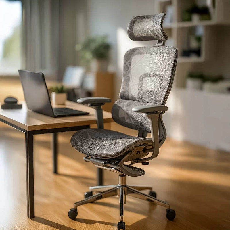 Scaun birou ergonomic gri din mesh cu tetiera reglabila, brate 4D si sezut culisant SYYT 9520