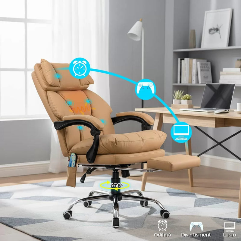 Scaun de birou cu masaj din piele ecologica si cu incalzire OFF 414 bej