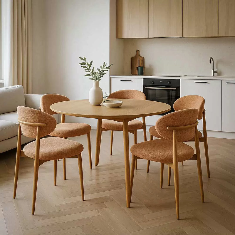 Scaun dining BUC 283 din material boucle cu cadru metalic cu aspect lemnos