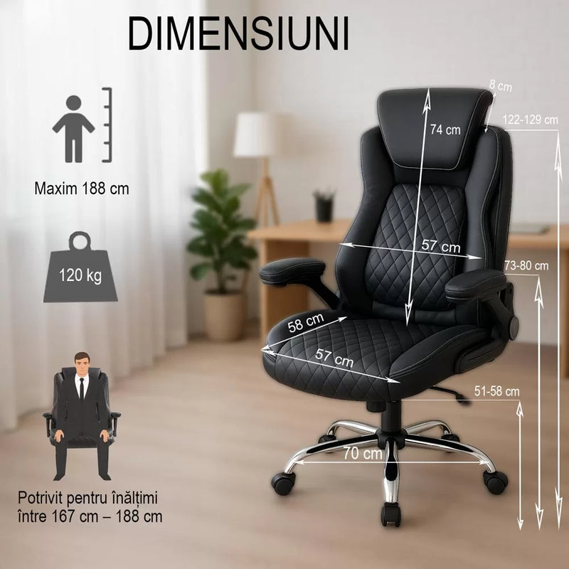 Scaun directorial negru OFF 651 din piele ecologica cu suport lombar si tetiera reglabila - EScaune