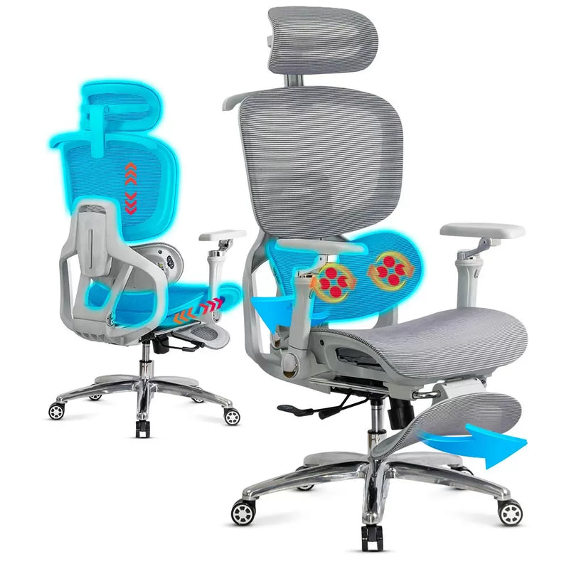 Scaun ergonomic gri din mesh rezistent la 150 kg cu functie de masaj lombar cu incalzire, SYYT 9521