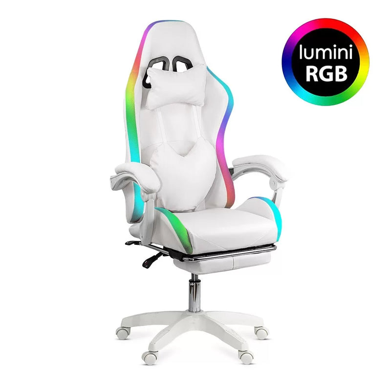 SCAUN GAMING DE BIROU CU LUMINI RGB SI SUPORT PICIOARE OFF 298, ALB