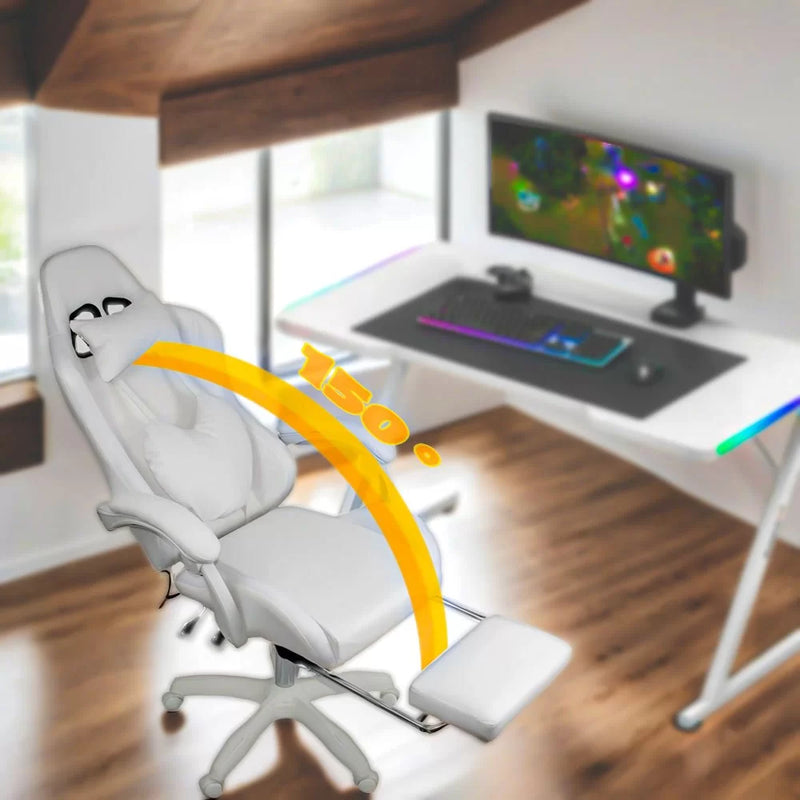 SCAUN GAMING DE BIROU CU LUMINI RGB SI SUPORT PICIOARE OFF 298, ALB