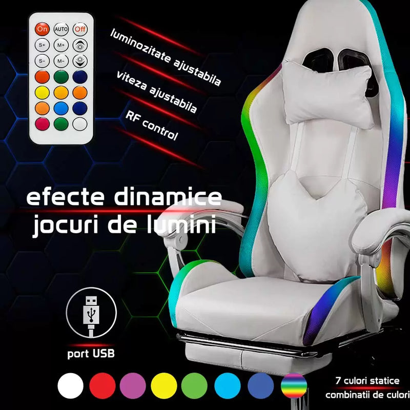 SCAUN GAMING DE BIROU CU LUMINI RGB SI SUPORT PICIOARE OFF 298, ALB